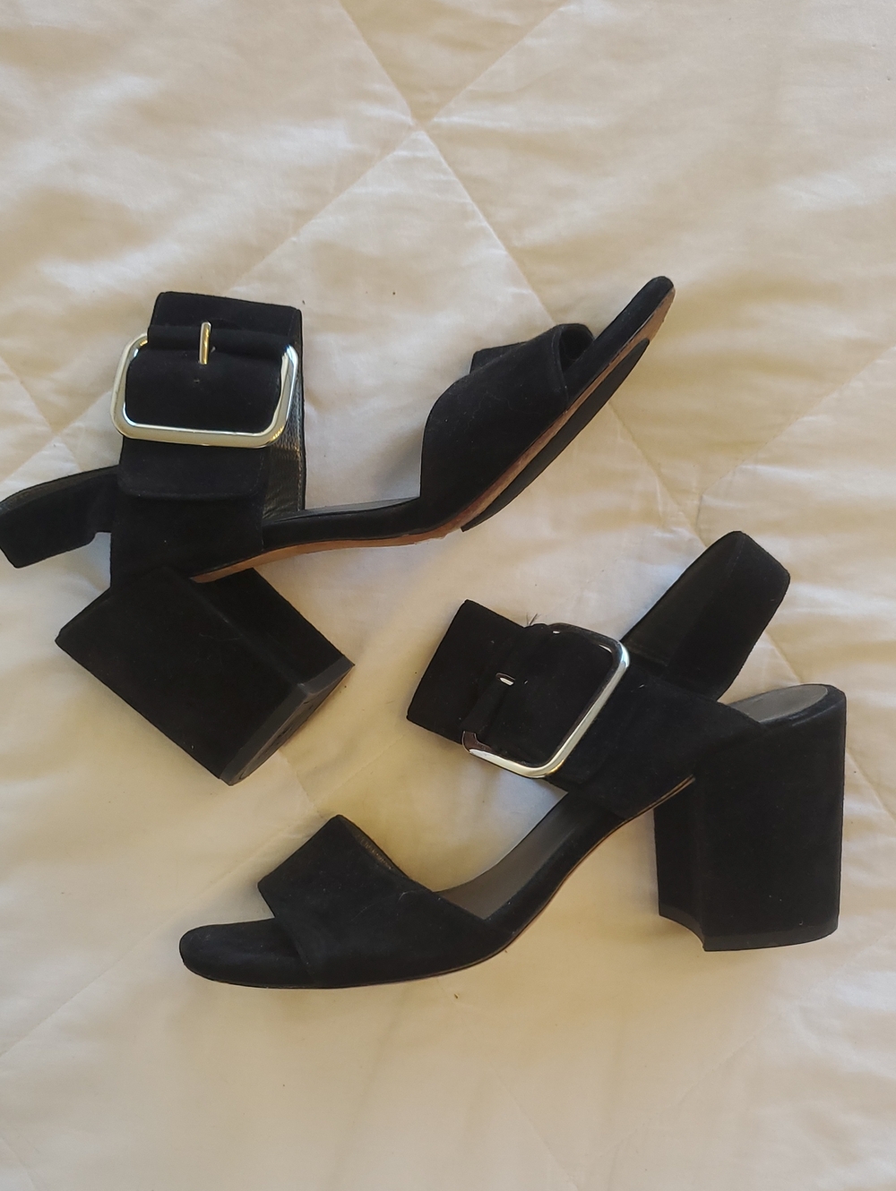 Stuart Weitzman Black Suede Block Heel Sandals with Silver Buckle